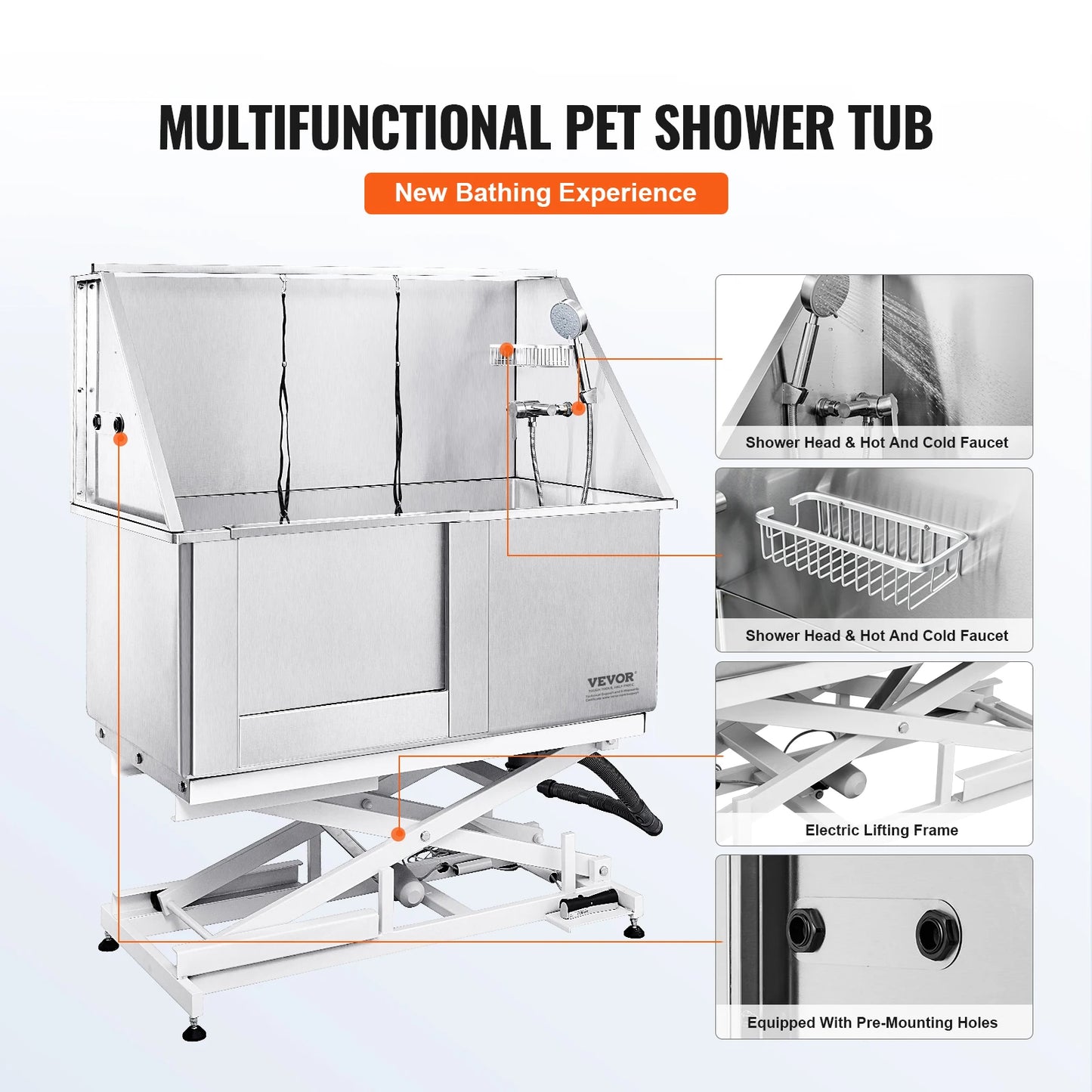 VEVOR 50" Pet Dog Grooming Tub Electric Height Adjustment Stainless Steel Bathing Station Bathtub for Multiple Pets Washing Sink
