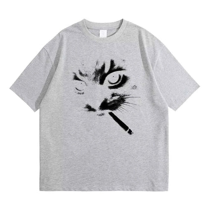 Funny Meme Smoking Cat Face Graphic T-shirts Men Women Casual Cotton Vintage T Shirts Men's Oversized T-shirts Cats Lovers Gifts
