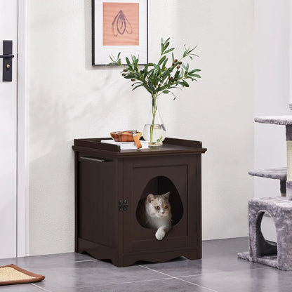 Hidden Cat Litter Box Furniture, Side Table with Towel Bar, Wooden Enclosure, Indoor Pet House, Espresso