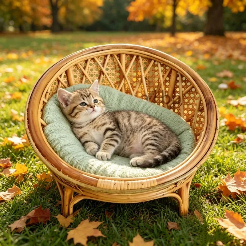 Natural Rattan Cat Bed Chair Handwoven Cat Photography Prop Breathable Wicker Cat Basket Elevated Round Cat Nest for Indoor Cats