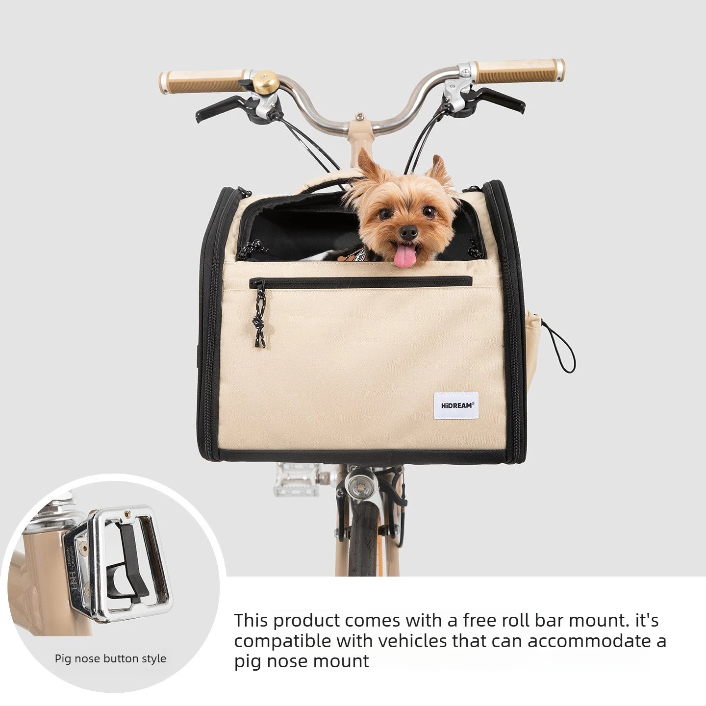 Dog Bike Basket Soft Pet Carrier 15Lbs Foldable Front-Mount Breathable Mesh 3 Openings, Strap Secure for Snap Bracket