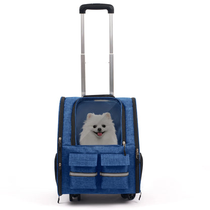 Rolling Pet Carrier with Wheels - Large Foldable Dog Carrier Backpack with Removable Wheels for Easy Travel
