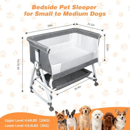 Bedside Dog Bed Sleeper 6-Level Adjustable Pet Bassinet with Lockable Wheels Removable Washable Cover Breathable Mesh Large Sto