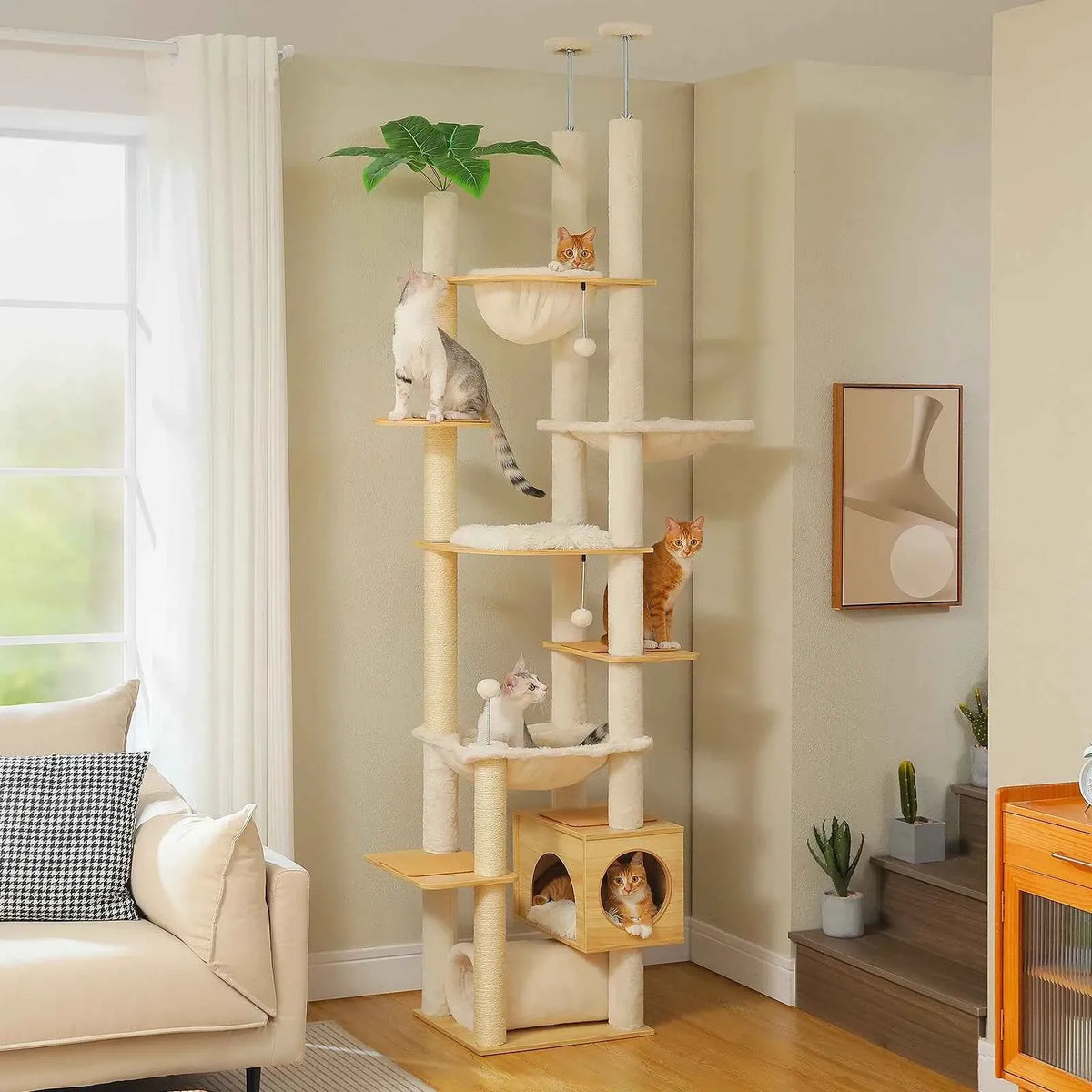 Floor-to-Ceiling Cat Tree – 7-Level Wooden Cat Tower with Hammocks, Condo & Sisal Scratching Posts
