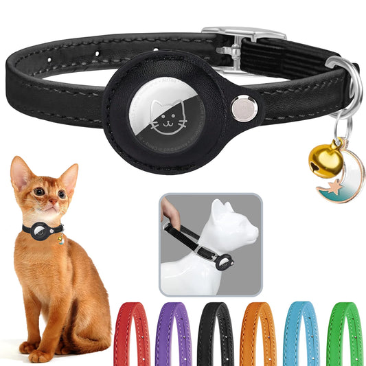 Leather AirTag Cat Collar with Bell -Elastic band Kitten Collar with Apple Air Tag Holder - Pet Collars forCats, Small Dogs