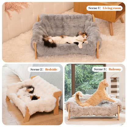Raised Solid Wood Pet Couch Bed - Elevated Modern Cat & Dog Sofa Chair with Thick, Wide Wood Frame, (Suitable for cats & small D