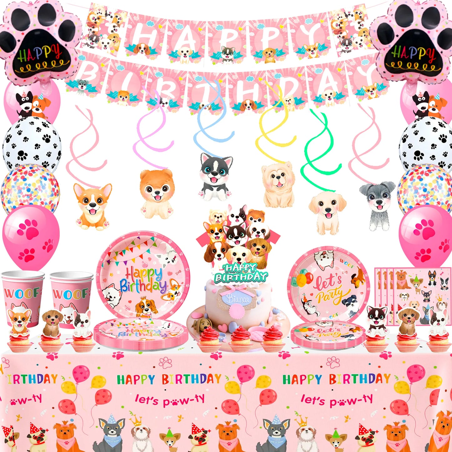 161-Piece Puppy Birthday Party Decorations & Pink Dog Tableware Set