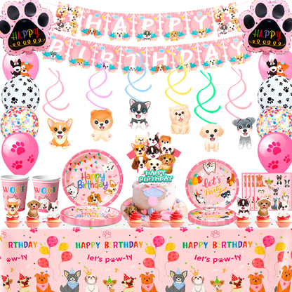 161-Piece Puppy Birthday Party Decorations & Pink Dog Tableware Set