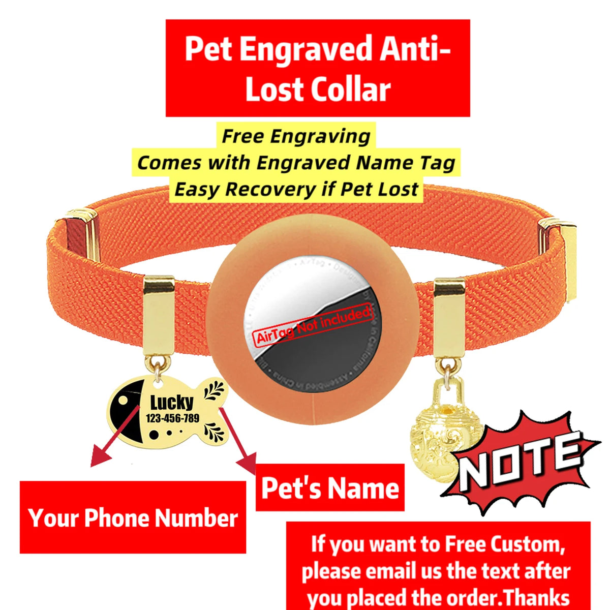 Customized AirTag Cat Collar with Bell, Name Tag & Holder