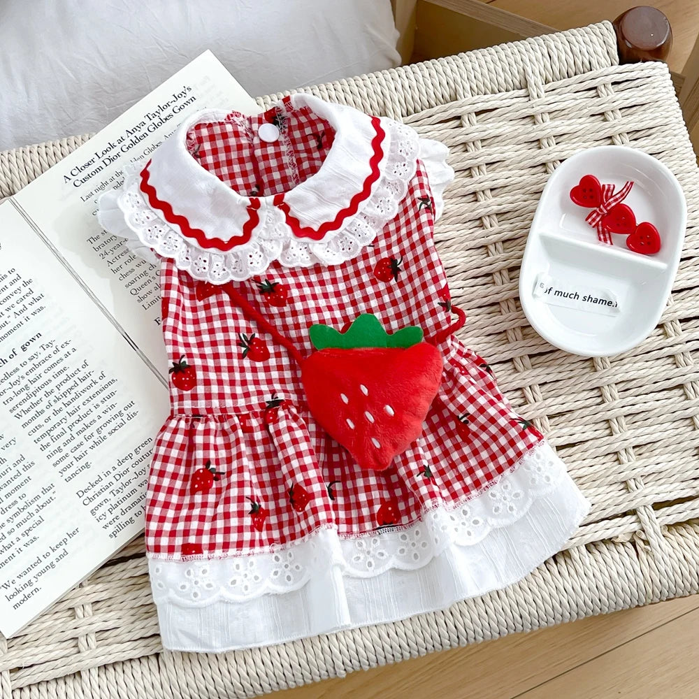 Elfidog Strawberry Dog Dress – Cute Summer Cotton Outfit for Small Dogs
