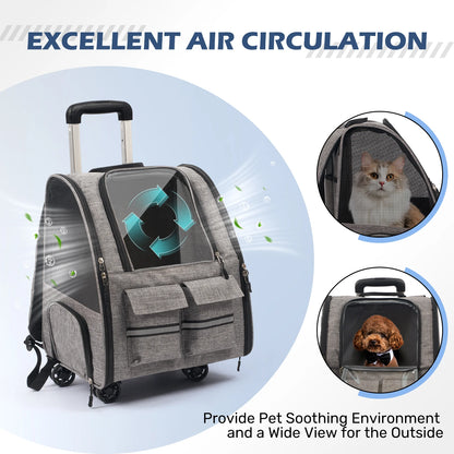 Rolling Pet Carrier with Wheels - Large Foldable Dog Carrier Backpack with Removable Wheels for Easy Travel