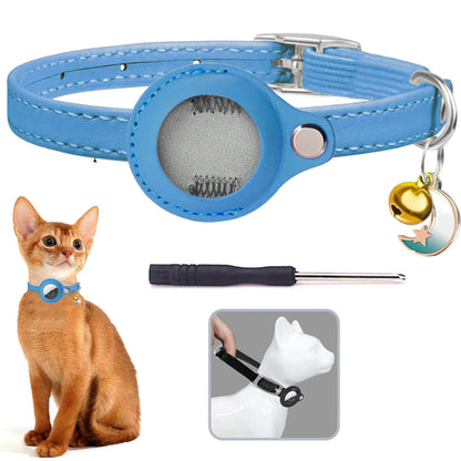Leather AirTag Cat Collar with Bell -Elastic band Kitten Collar with Apple Air Tag Holder - Pet Collars forCats, Small Dogs