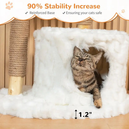 Modern Cat Tree Tower, Cloud Cat Tree with Solid Natural Wood Scratching Post, Luxury Condo amp Perches, Aesthetic White Cat Fu