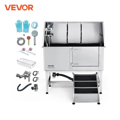 VEVOR 62" Pet Dog Grooming Tub Stainless Steel with Ramp Faucet Accessory Bathing Station for Large Small Pet Washing Sink
