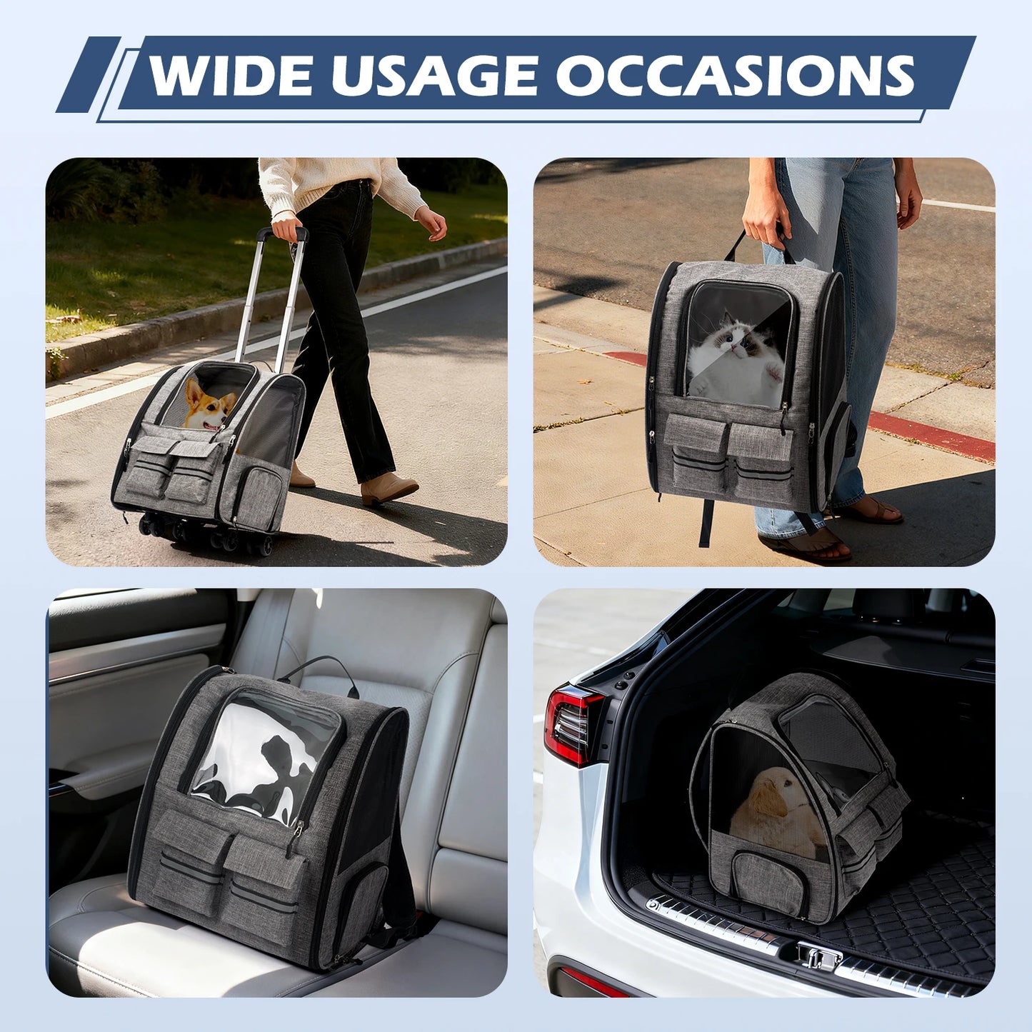 Rolling Pet Carrier with Wheels - Large Foldable Dog Carrier Backpack with Removable Wheels for Easy Travel