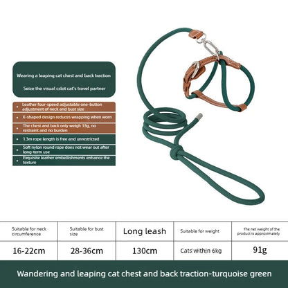 4-Gear Leather Cat Harness & Leash Set, X-Shape Escape Proof Walking Harness for Cats, 33g Lightweight, 1.3m Rope