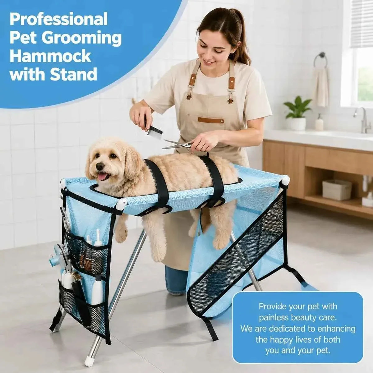 Foldable Pet Grooming Hammock with Stainless Steel Stand – Nail Trimming & Bathing Support for Cats & Small Dogs