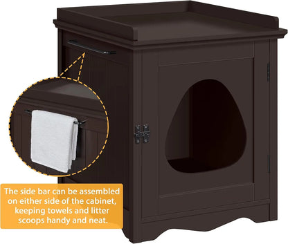 Hidden Cat Litter Box Furniture, Side Table with Towel Bar, Wooden Enclosure, Indoor Pet House, Espresso