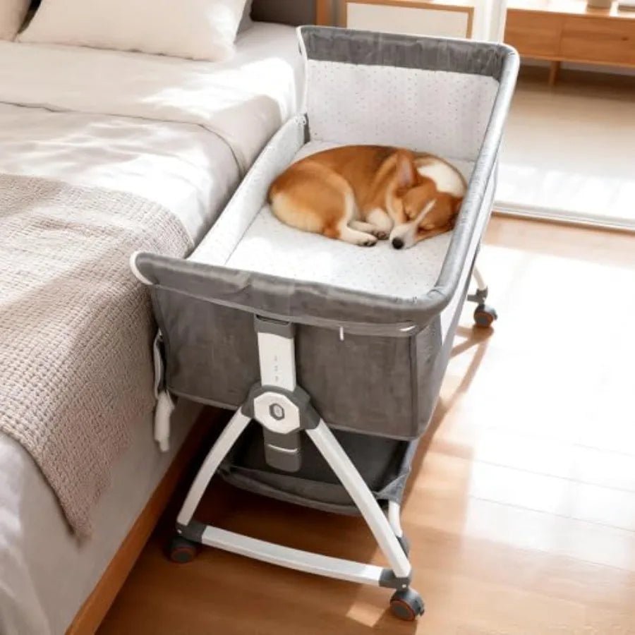 Bedside Dog Bed Sleeper 6-Level Adjustable Pet Bassinet with Lockable Wheels Removable Washable Cover Breathable Mesh Large Sto