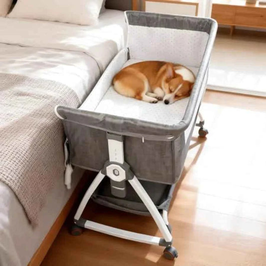Bedside Dog Bed Sleeper 6-Level Adjustable Pet Bassinet with Lockable Wheels Removable Washable Cover Breathable Mesh Large Sto