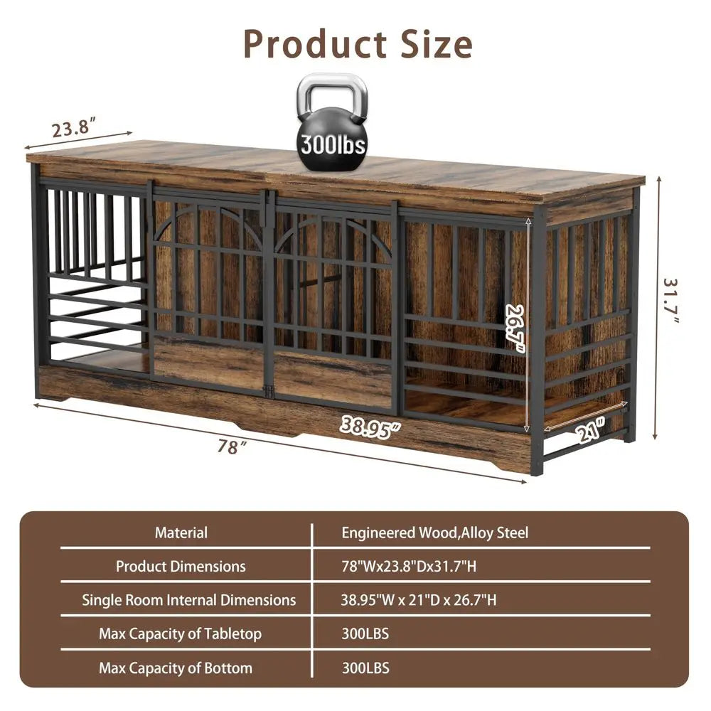 78 Inch Double Dog Crate Furniture, Extra Large Dog Kennel Indoor for 2 Dogs, Heavy Duty Dog Cage with Divider, Wooden Dog Hous