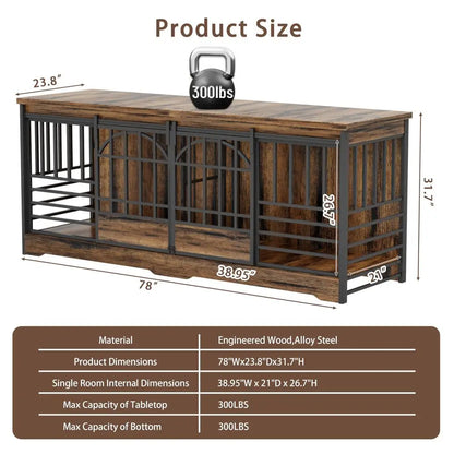 78 Inch Double Dog Crate Furniture, Extra Large Dog Kennel Indoor for 2 Dogs, Heavy Duty Dog Cage with Divider, Wooden Dog Hous