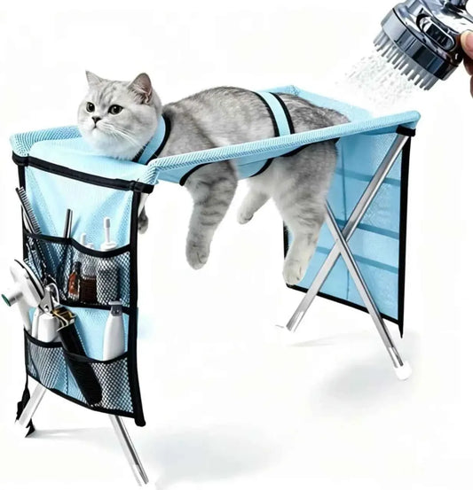 Foldable Pet Grooming Hammock with Stainless Steel Stand – Nail Trimming & Bathing Support for Cats & Small Dogs