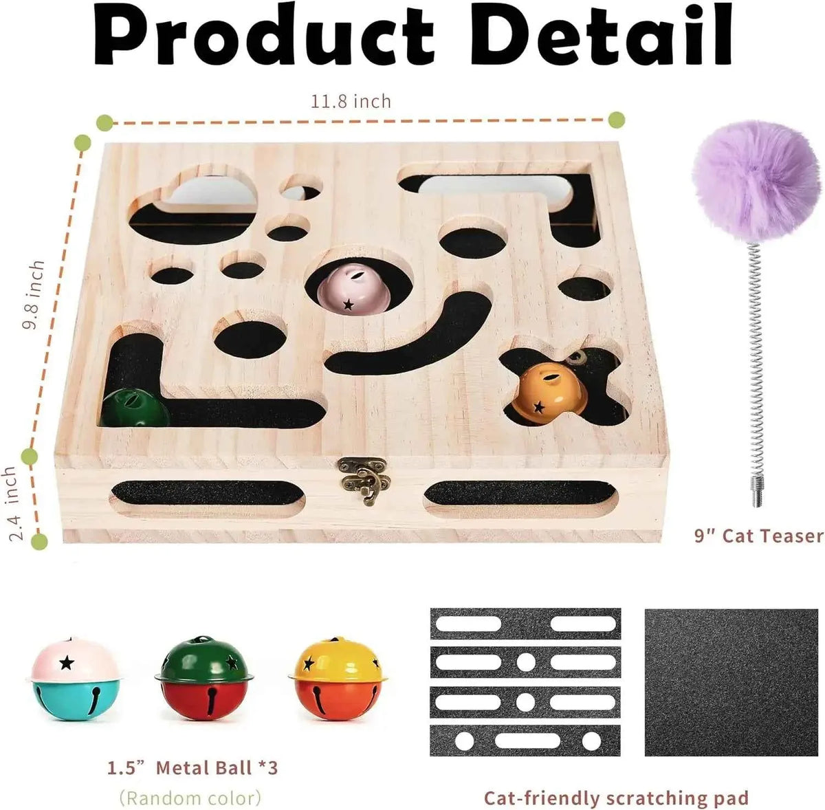 Cat Nail File Enrichment Box – Wooden Puzzle Scratcher with Claw Care, Wand & 3 Balls
