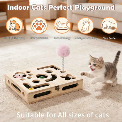 Cat Nail File Enrichment Box – Wooden Puzzle Scratcher with Claw Care, Wand & 3 Balls