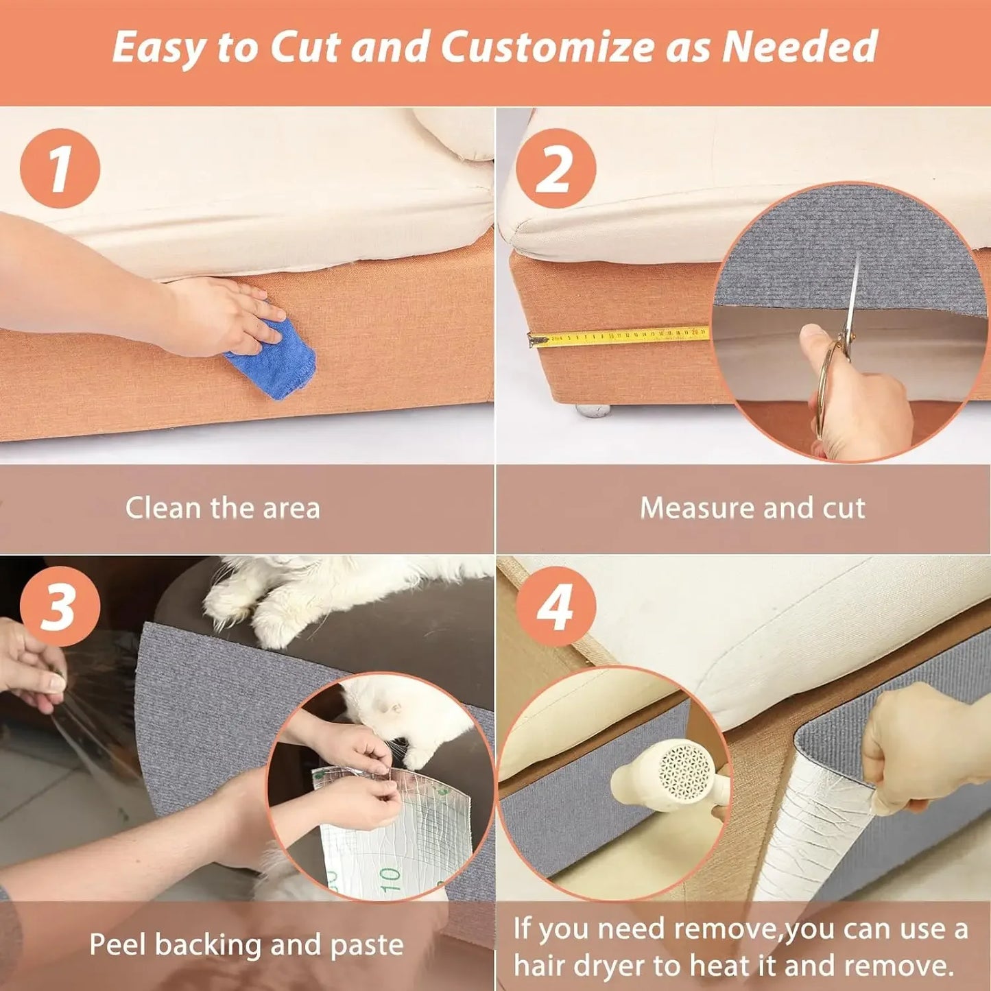 Cat Scratch Protector with Selfadhesive Freeform Cutting Carpet Mat Cat Scratch Protection Furniture Pet Training Sofa Protector