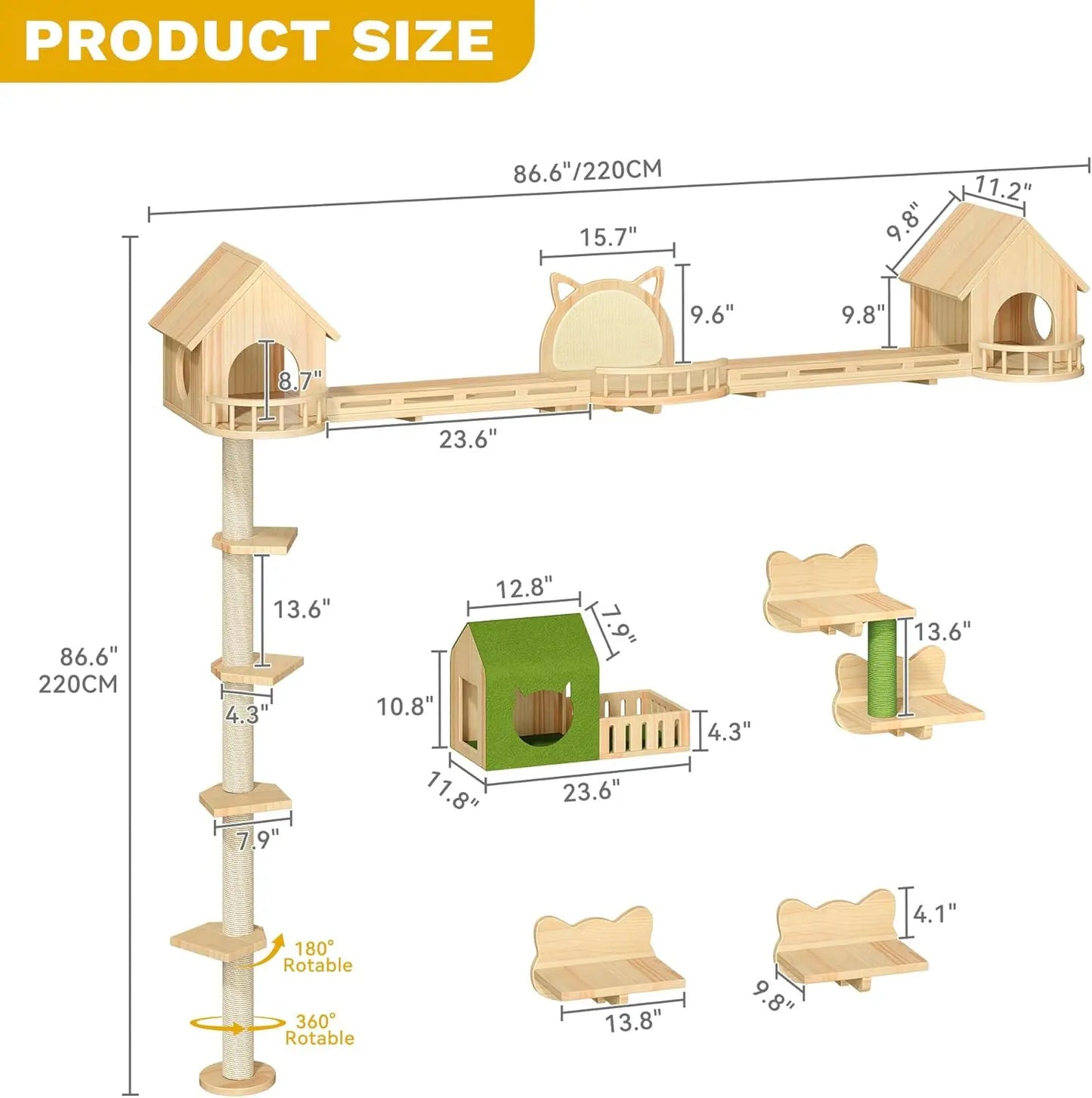 Solid Wood Cat Wall Shelves & Perches, Floor to Ceiling Cat Tower with Scratching Posts, Climbing Furniture for Large Cats