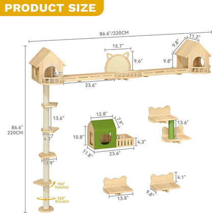 Solid Wood Cat Wall Shelves & Perches, Floor to Ceiling Cat Tower with Scratching Posts, Climbing Furniture for Large Cats