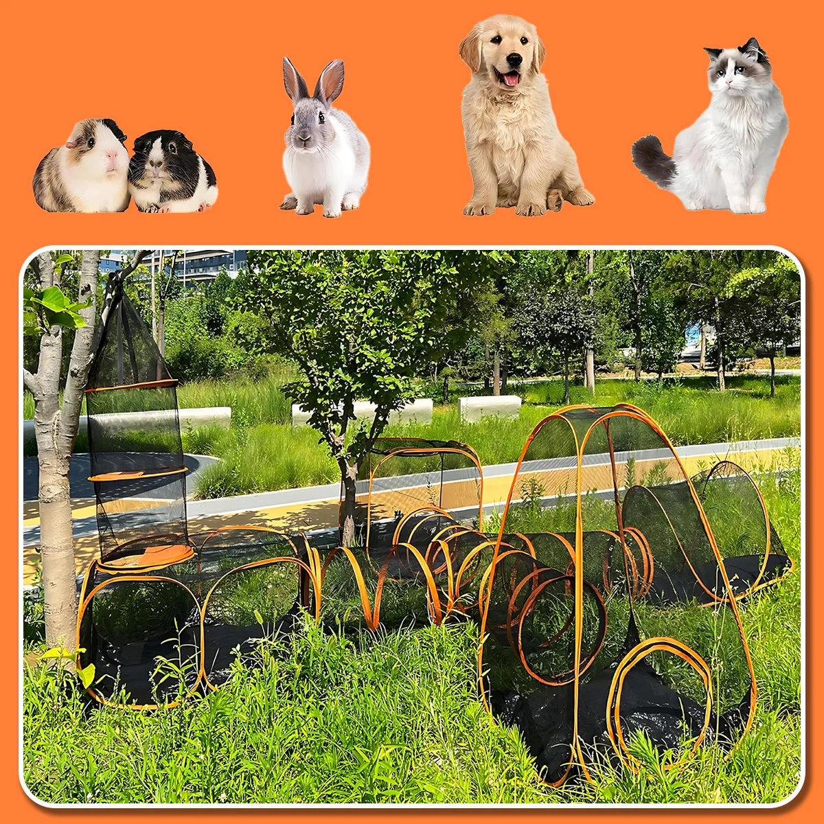 Portable Cat Tunnel Mesh Playhouse, featuring multiple cages and tunnels Includes storage bag, suitable for small animals