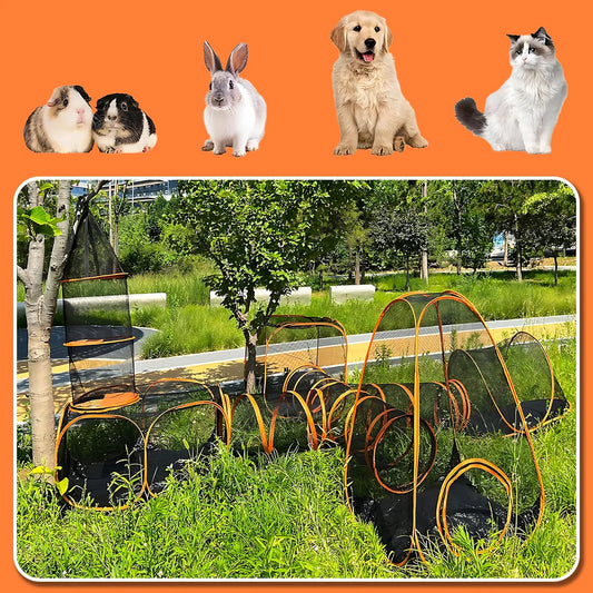 Portable Cat Tunnel Mesh Playhouse, featuring multiple cages and tunnels Includes storage bag, suitable for small animals