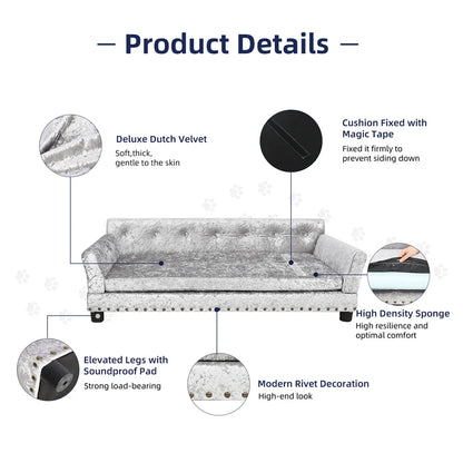 Deluxe Silver Dutch Velvet Dog Couch Bed Sofa with Removable Cushion for Medium to Large Dogs Comfortable Upholstered Pet Sofa