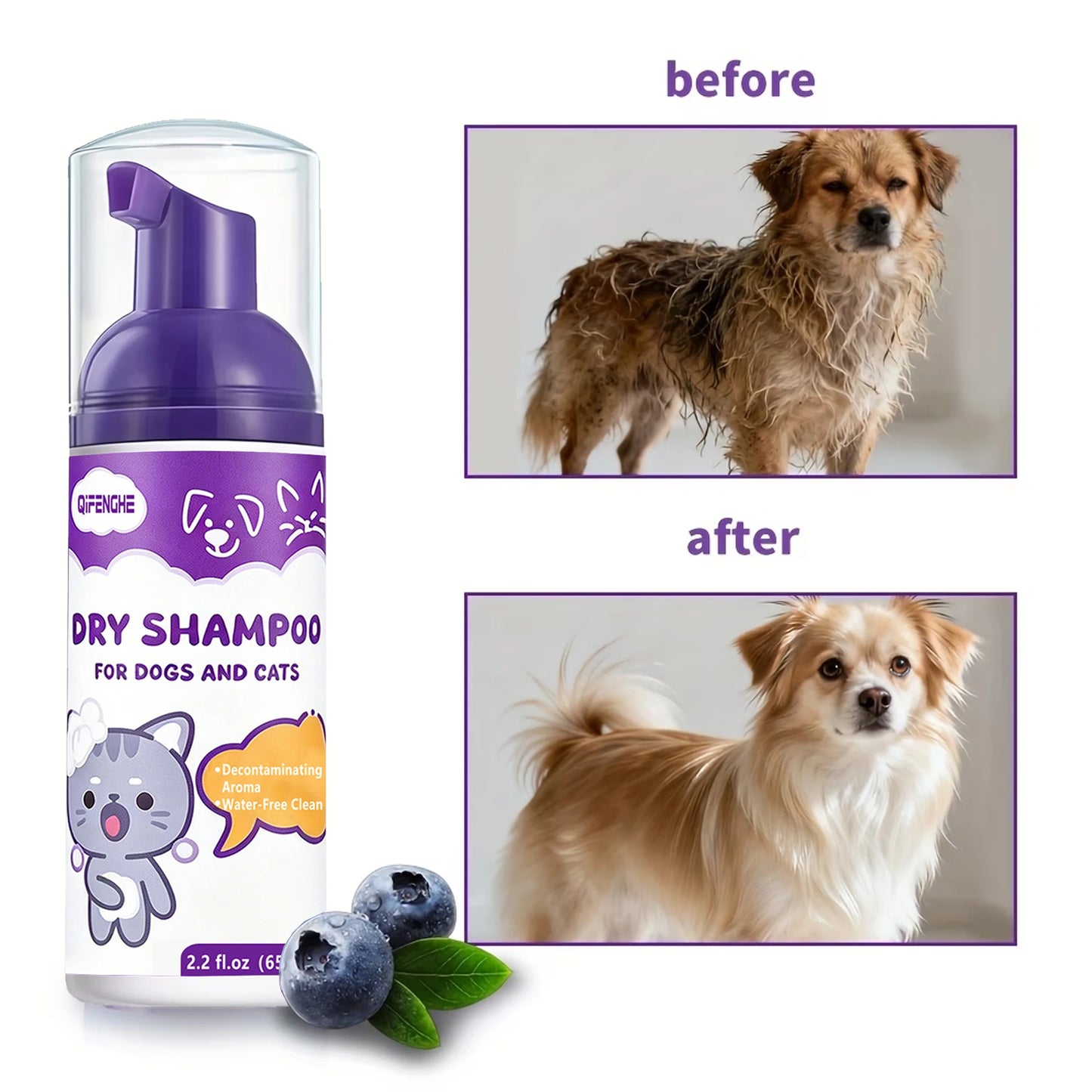 No Rinse Dog Cat Dry Shampoo Foam - Waterless Cleaning for Puppies Kittens, Deodorizing & Refreshing