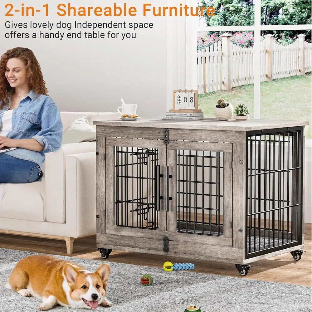 Medium-Sized Dog Crate Furniture, 32 Indoor Wooden Kennel with Cushion and Wheels, Grey