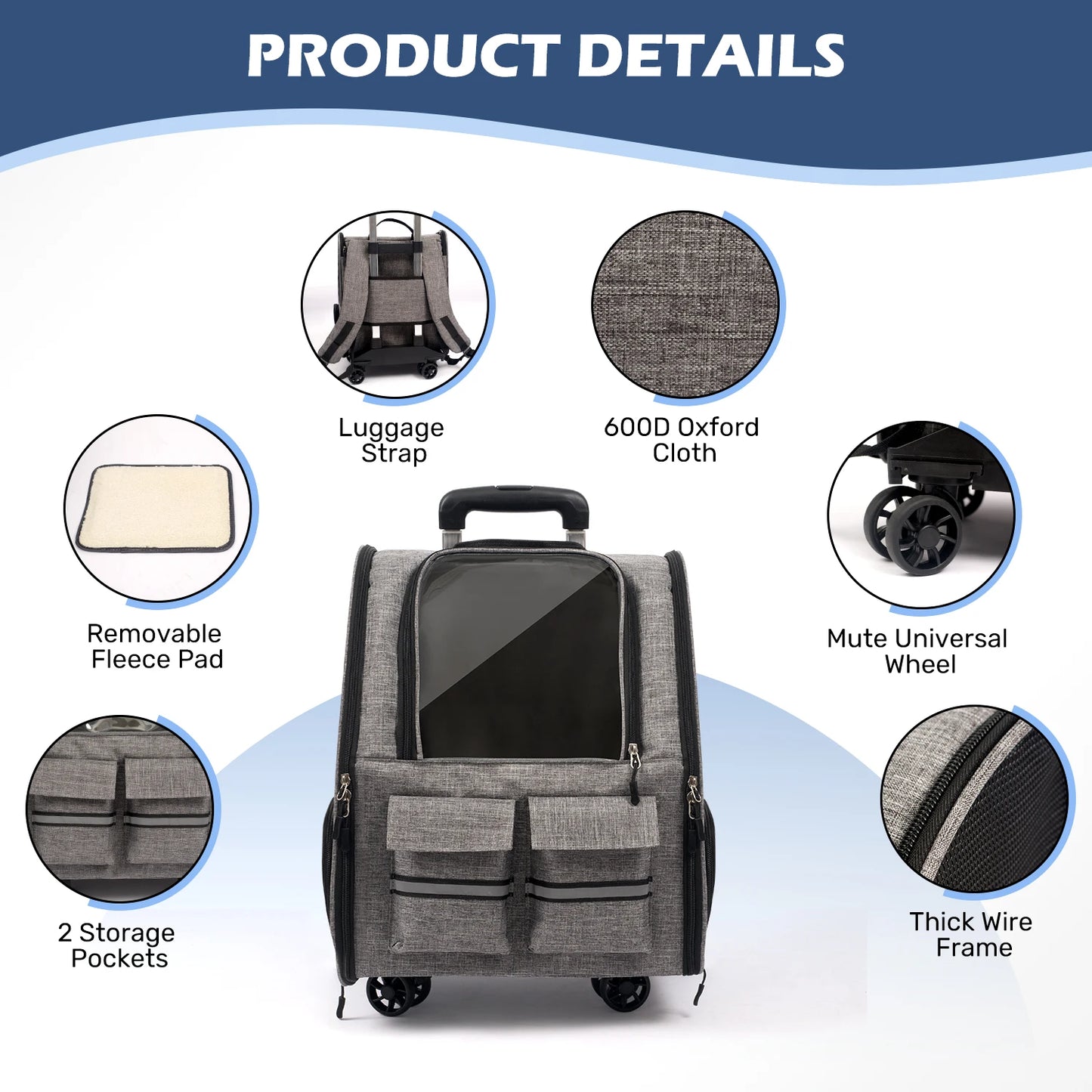 Rolling Pet Carrier with Wheels - Large Foldable Dog Carrier Backpack with Removable Wheels for Easy Travel