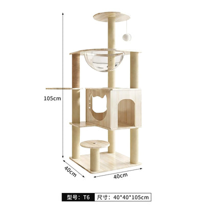 Solid Wood Cat Tree, Floor-to-Ceiling Pet Tower with Cat Jumping Platform & Scratching Post