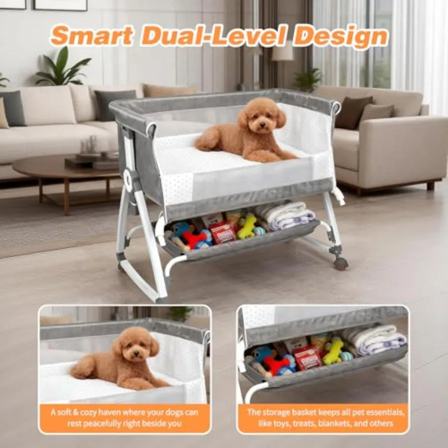 Bedside Dog Bed Sleeper 6-Level Adjustable Pet Bassinet with Lockable Wheels Removable Washable Cover Breathable Mesh Large Sto