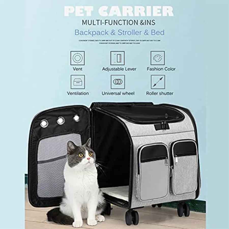 Wheeled Pet Carrier Backpack Pet Stroller Travel Carrier Car Seat for Small Dogs Cats Puppies Comfort Cat Backpack Removable Ro