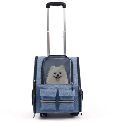 Rolling Pet Carrier with Wheels - Large Foldable Dog Carrier Backpack with Removable Wheels for Easy Travel