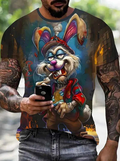 Summer Men's Sport Casual Breathable T-shirt Short Sleeve Cartoon Animal Printed Pattern Large Oversize Loose Men's T-shirt Tops