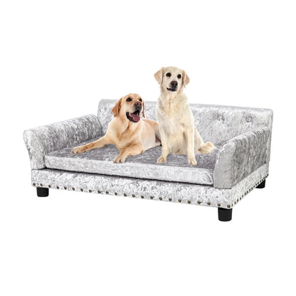 Deluxe Silver Dutch Velvet Dog Couch Bed Sofa with Removable Cushion for Medium to Large Dogs Comfortable Upholstered Pet Sofa