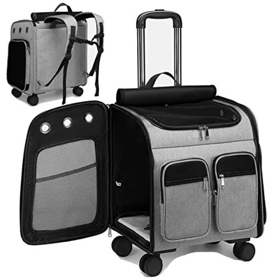 Wheeled Pet Carrier Backpack Pet Stroller Travel Carrier Car Seat for Small Dogs Cats Puppies Comfort Cat Backpack Removable Ro