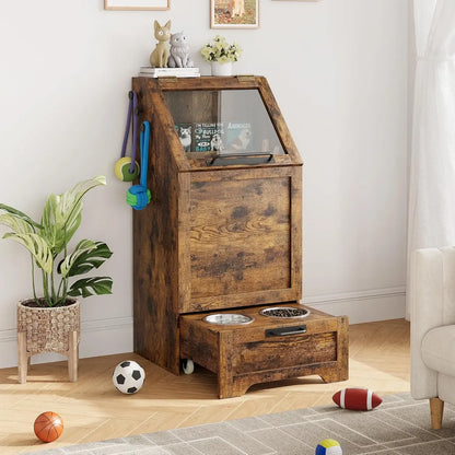 Large Dog Food Storage Cabinet with Hidden Feeding Station & Stainless Steel Bowls