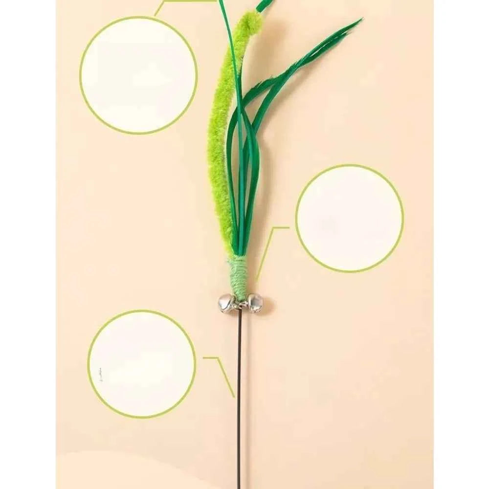 1pc Green Bristle Grass Cat Toy Wand. Long Stick Durable Chew Interactive Toy. Handheld Self Play Boredom Relief Pet Supplies for Kitty.