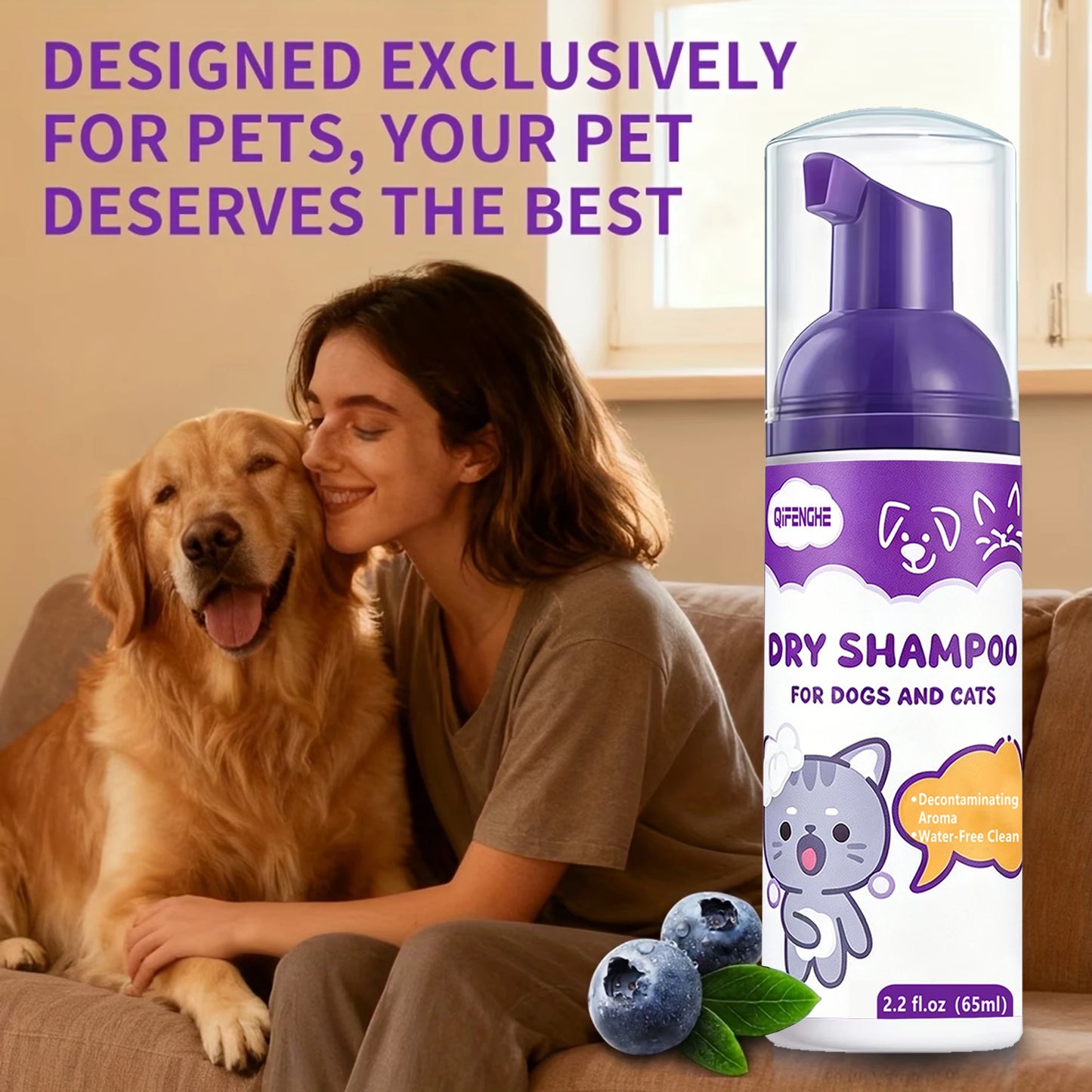 No Rinse Dog Cat Dry Shampoo Foam - Waterless Cleaning for Puppies Kittens, Deodorizing & Refreshing