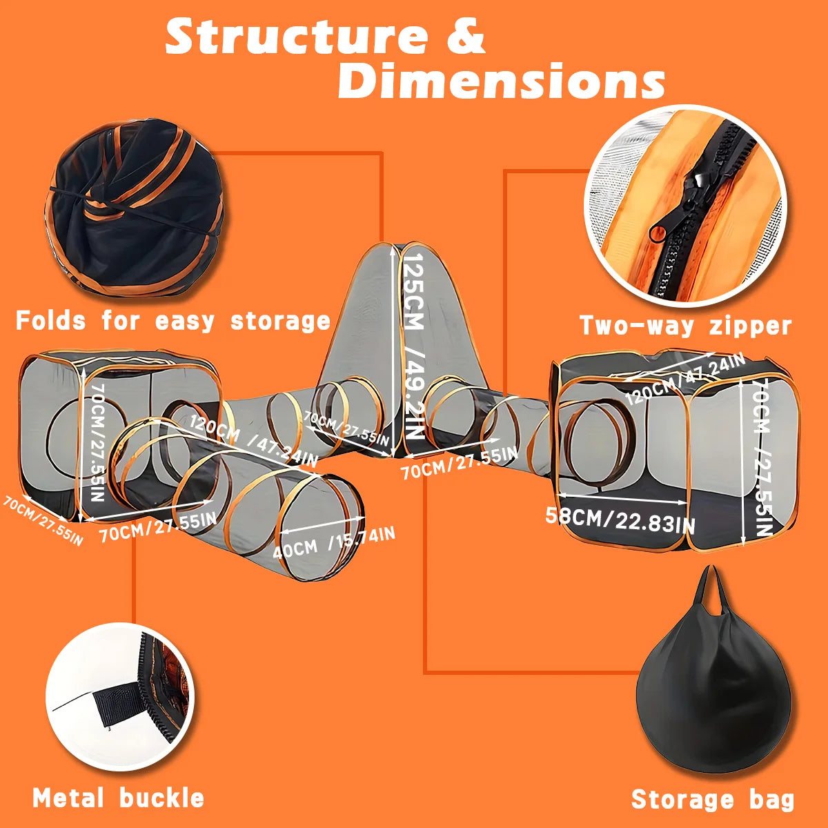 Portable Cat Tunnel Mesh Playhouse, featuring multiple cages and tunnels Includes storage bag, suitable for small animals