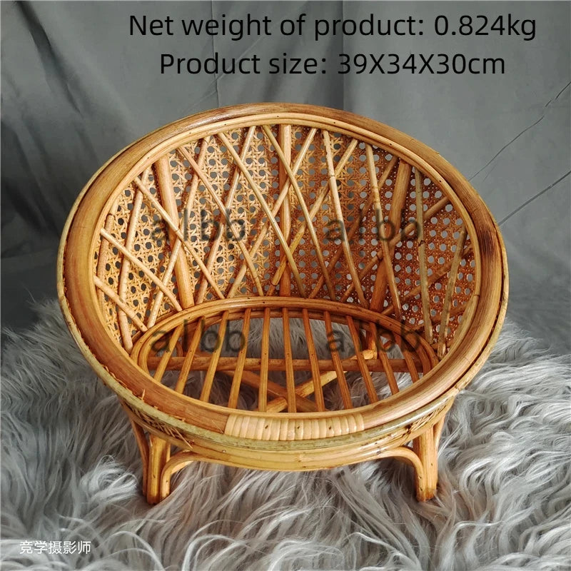 Natural Rattan Cat Bed Chair Handwoven Cat Photography Prop Breathable Wicker Cat Basket Elevated Round Cat Nest for Indoor Cats